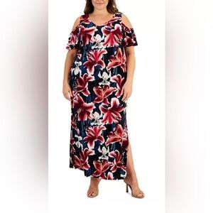 NWT Connected Apparel Plus Size Printed Cold-Shoulder Maxi Dress